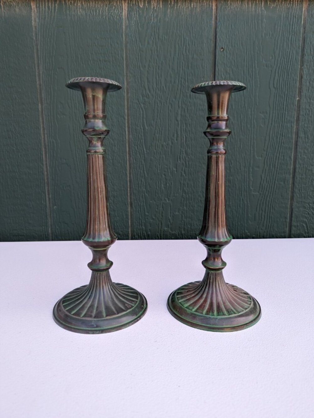Vintage Fluted Bronze Candlesticks Pair Art Deco Bronze Brass Candle Holders
